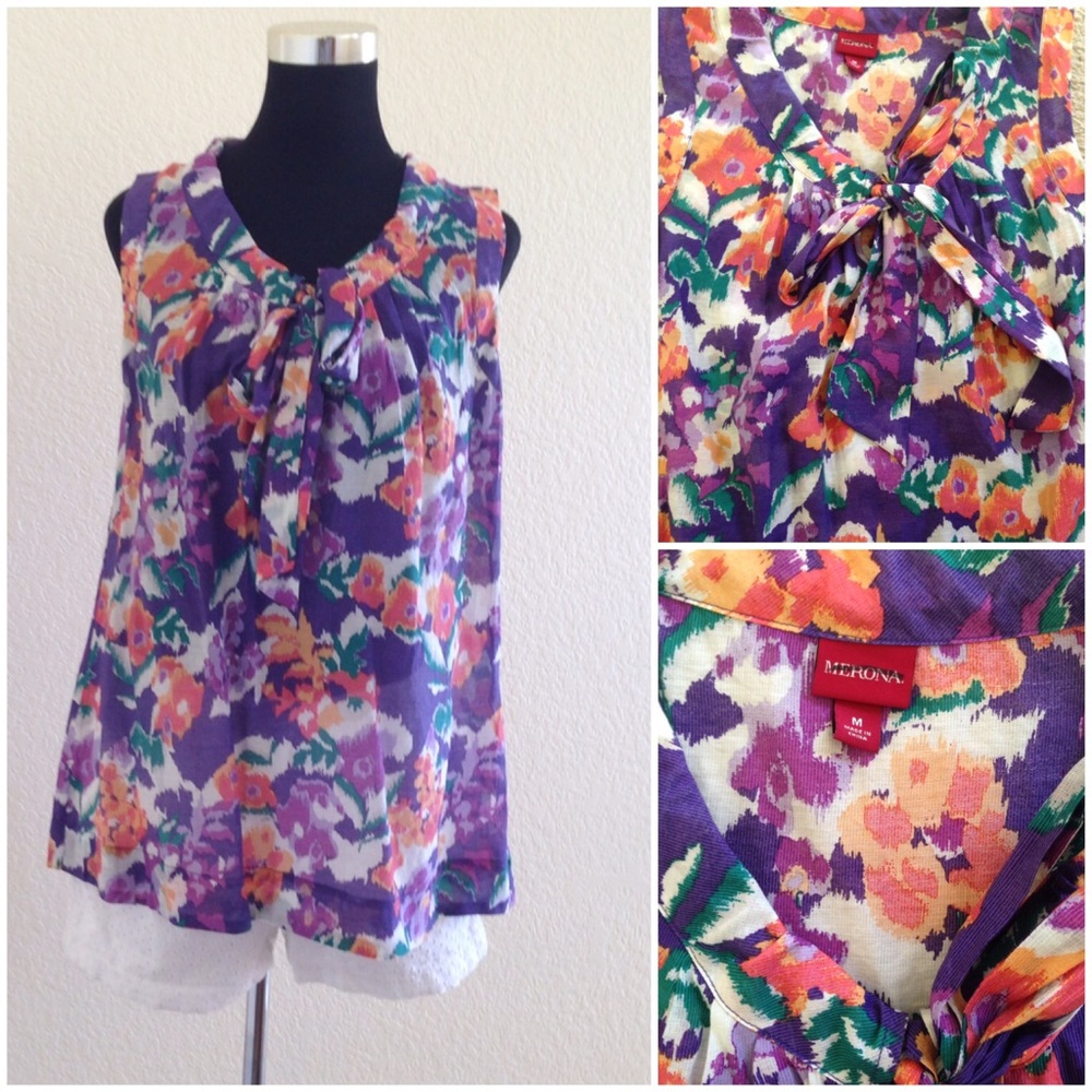 Merona Multi Colors Floral Bow Top NWOT